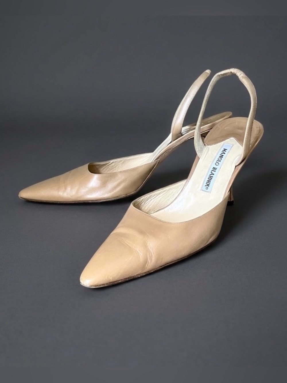 🔴SALE🔴 Vintage Manolo Blahnik Nude Leather Slingback Heels Pointed Toe Italy